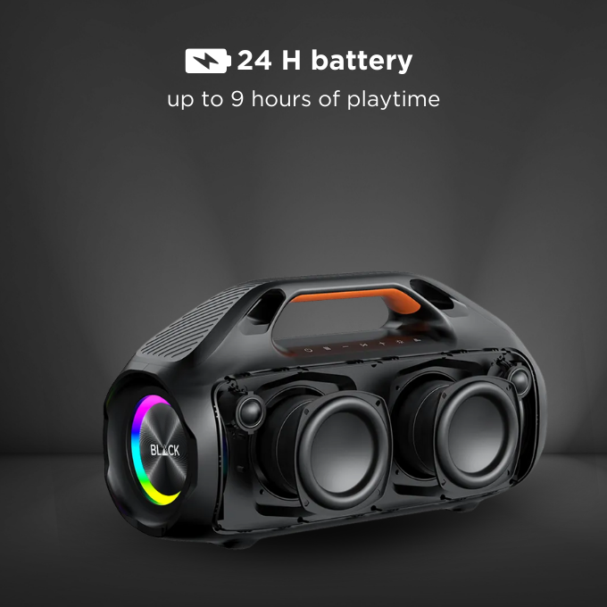 BLACK BassBlast Wireless Bluetooth Speaker, 100W, EX BASS, Up to 9H Playtime, 1 Yr Warranty BLACK BassBlast Wireless Bluetooth Speaker, 100W, EX BASS, Up to 9H Playtime, 1 Yr Warranty